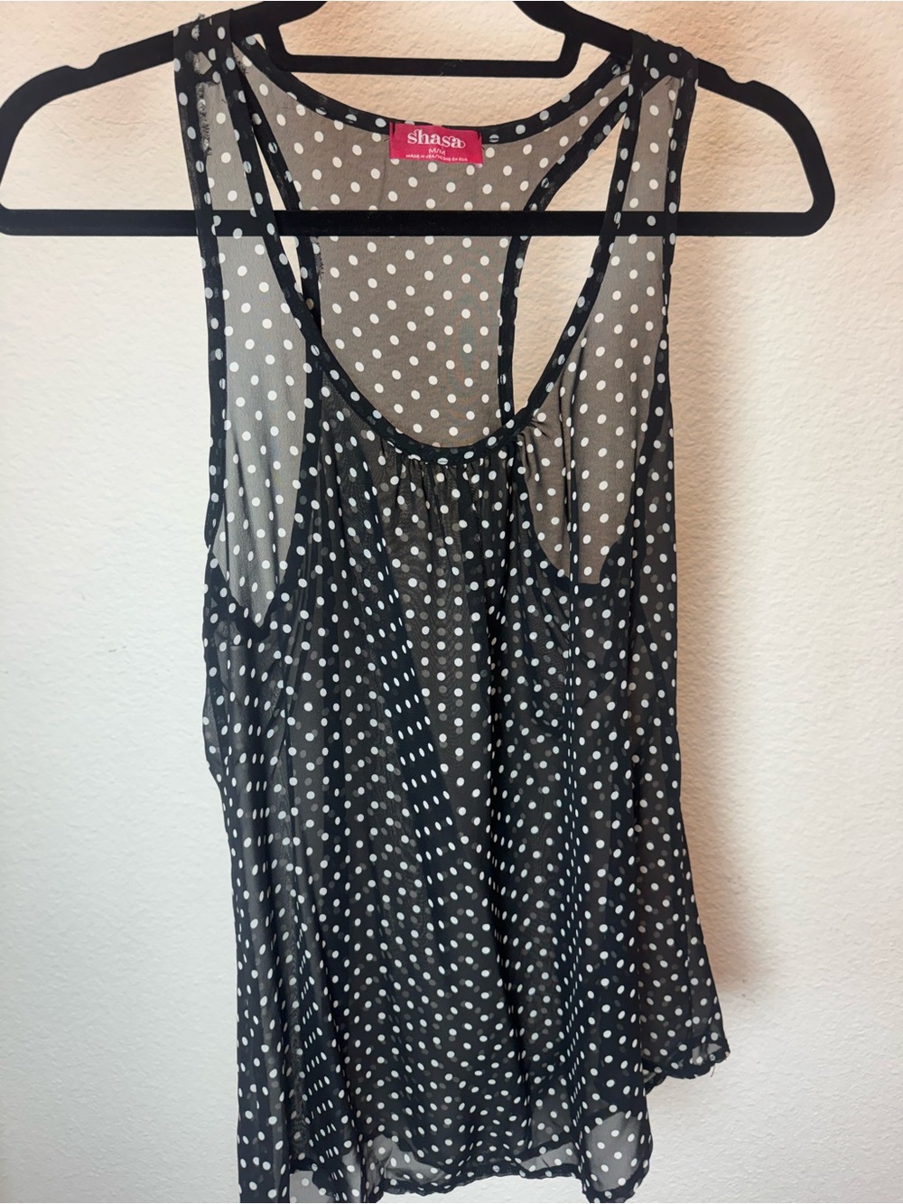 Shasa Black Sheer Polka Dot Racerback Tank Top Size M